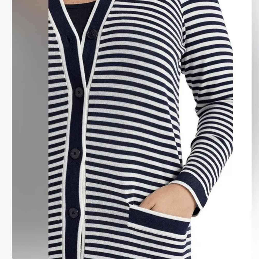 NWT Lauren Ralph Lauren Long Striped Silk Blend Cardigan Navy Nautical Size L - Picture 2 of 16